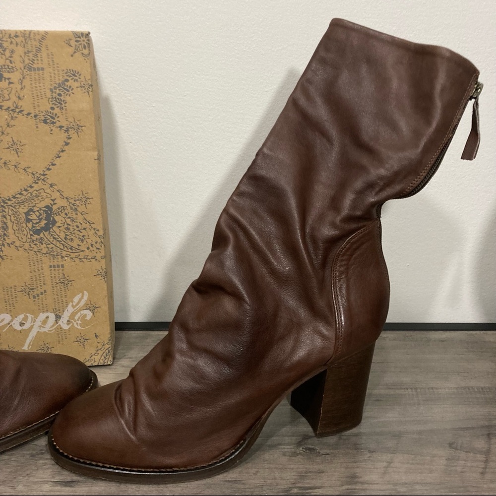 Free People Elle Block Heel Boot Chocolate Brown Leather Ruched Detail Boots NEW - Picture 6 of 16